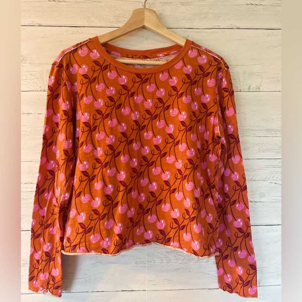 Anthropologie Cherry Print Orange and Pink Women's Top size Medium